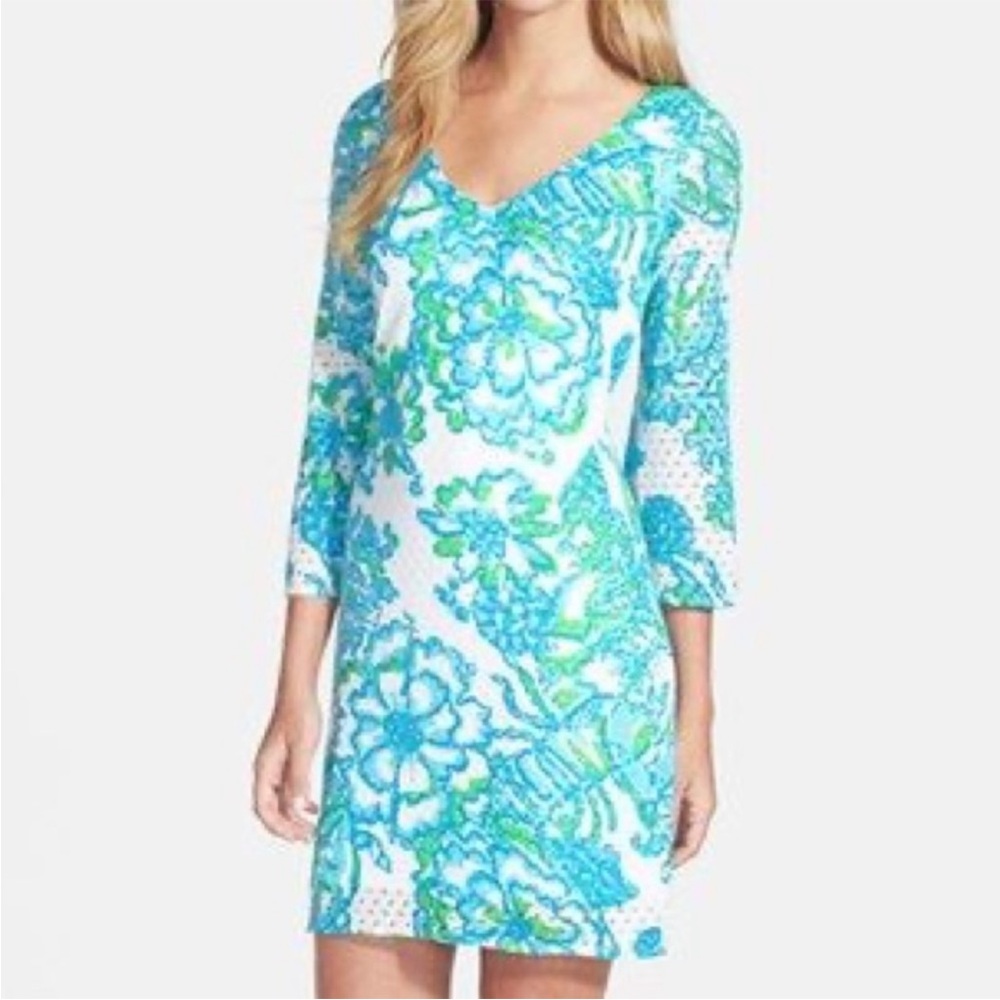 Lilly Pulitzer Blue V-Neck Sheath Dress 3/4 Sleeve